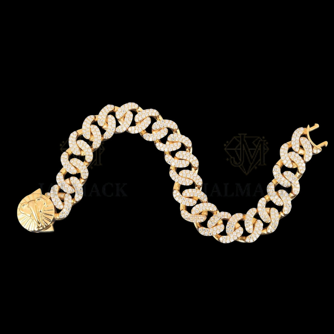 Yellow Gold Elephant Clasp Moissanite Cuban Bracelet Fully Iced Out