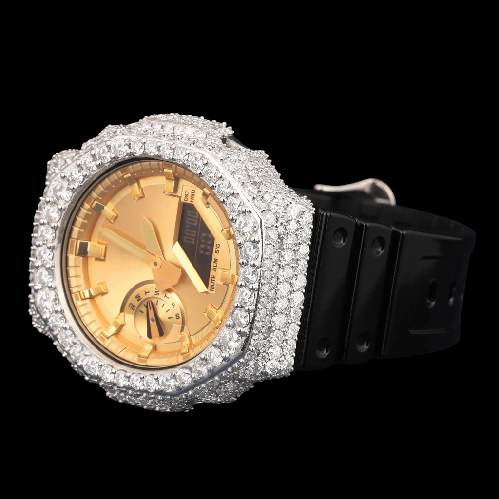 Golden Crown Black Band G-Shock VVS Moissanite Watch