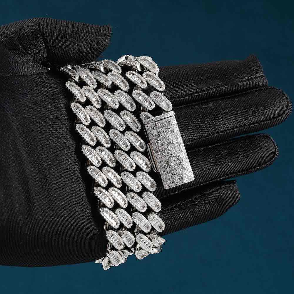 16MM Triple Row Baguette VVS Moissanite Link Chain 925 Sterling Silver
