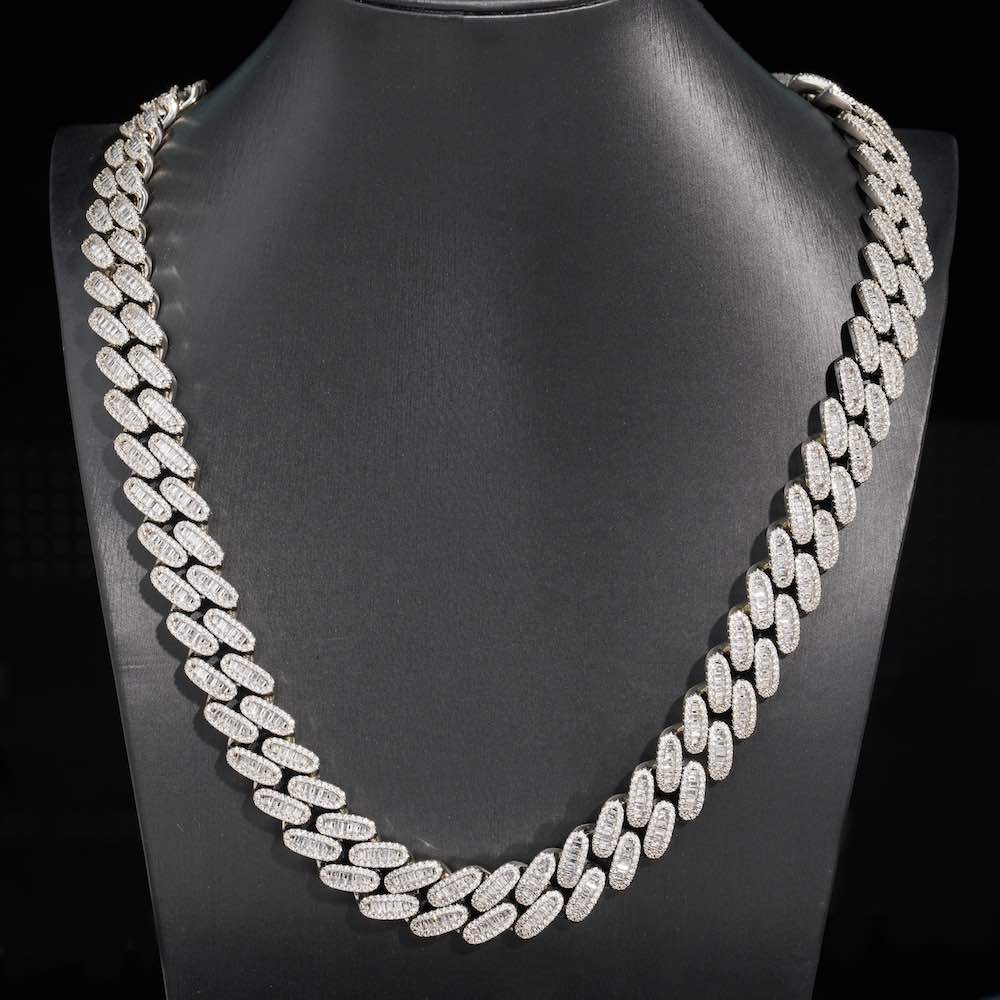16MM Triple Row Baguette VVS Moissanite Link Chain 925 Sterling Silver