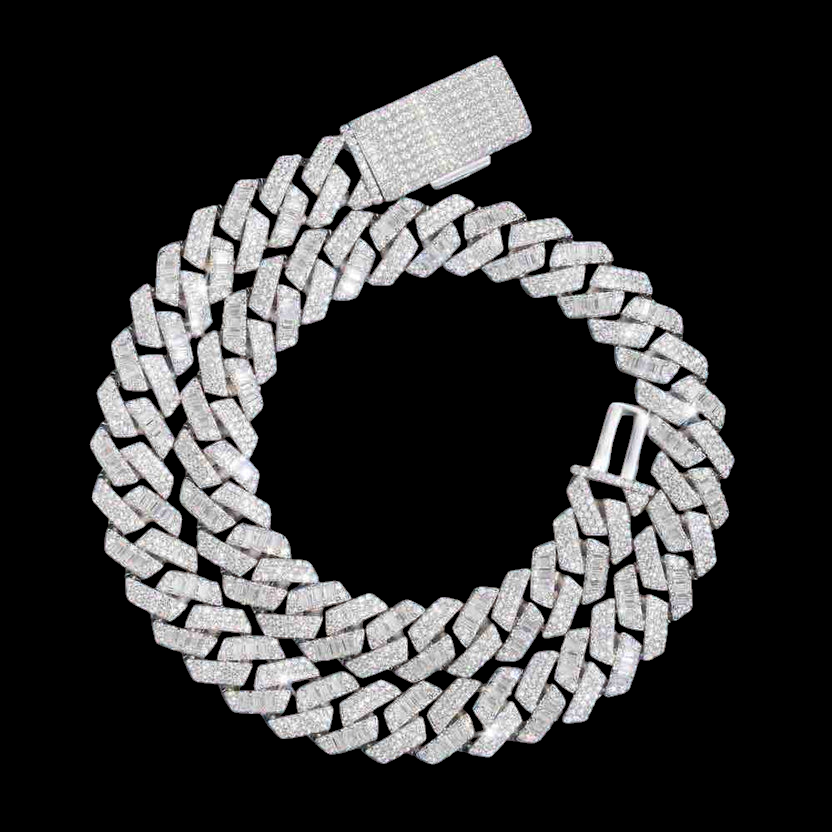 15MM Baguette Pave Cuban Link VVS1 Moissanite Chain 925 Sterling Silver