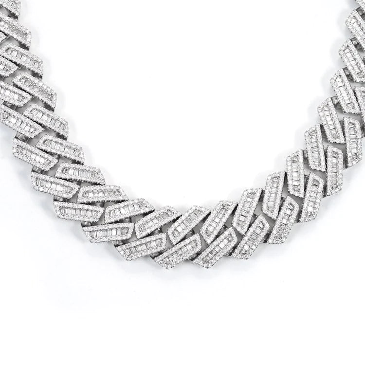 16MM Baguette Pave Cuban Link VVS1 D Color Moissanite Chain 925 Sterling Silver