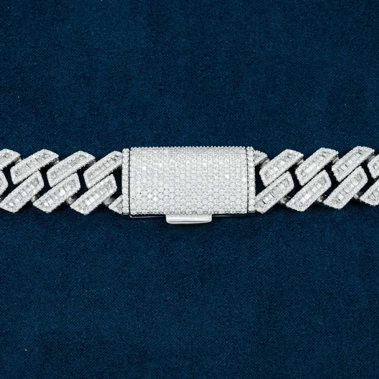 16MM Baguette Pave Cuban Link VVS1 D Color Moissanite Chain 925 Sterling Silver