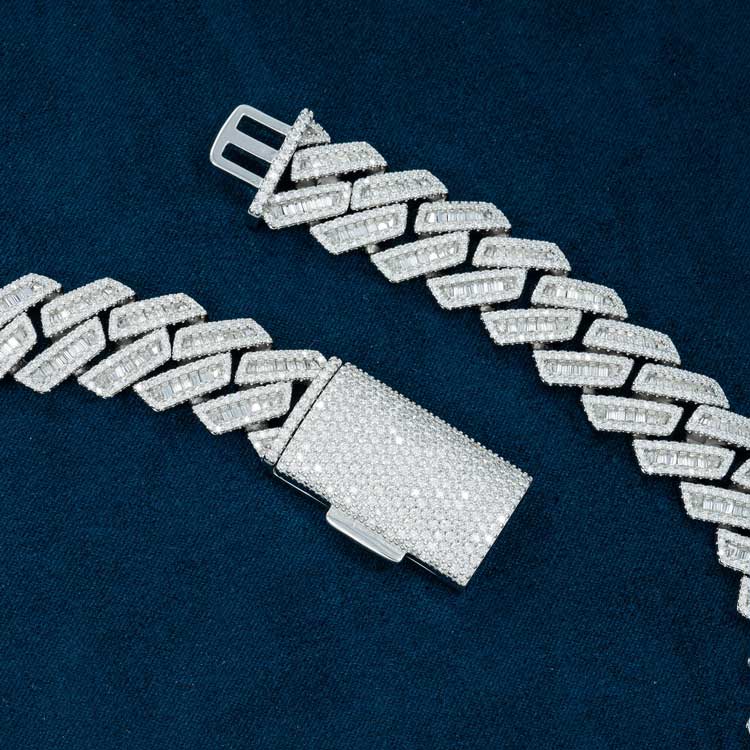 16MM Baguette Pave Cuban Link VVS1 D Color Moissanite Chain 925 Sterling Silver