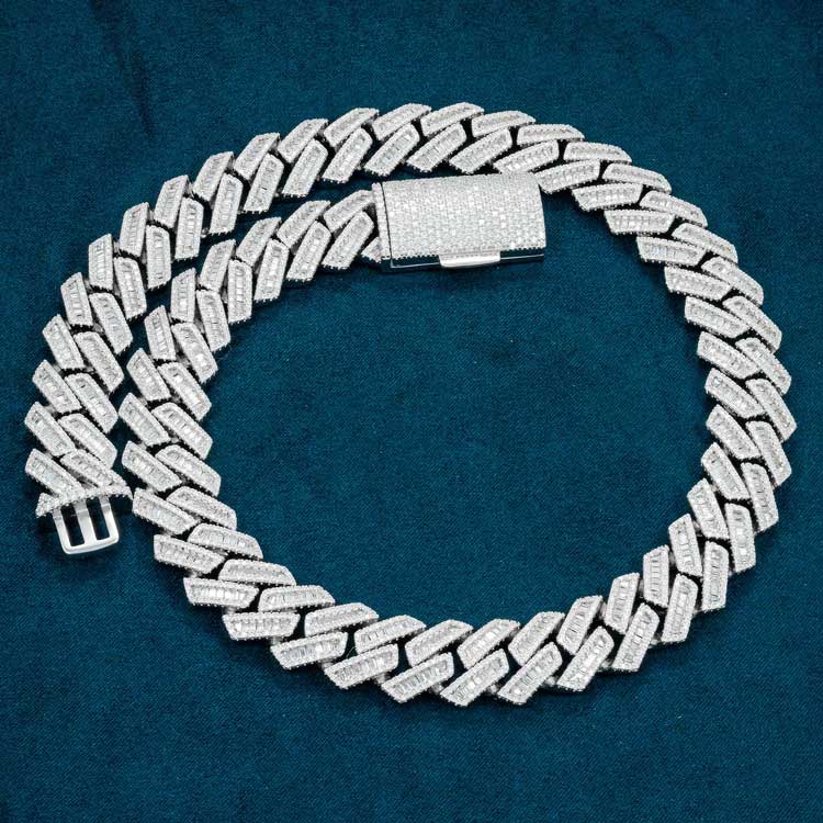 16MM Baguette Pave Cuban Link VVS1 D Color Moissanite Chain 925 Sterling Silver