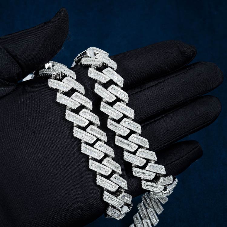 16MM Baguette Pave Cuban Link VVS1 D Color Moissanite Chain 925 Sterling Silver