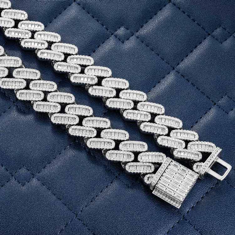 18MM 925 Silver Sparkling Miami Baguette Stone With Moissanite Cuban Link Chain For Jewelry