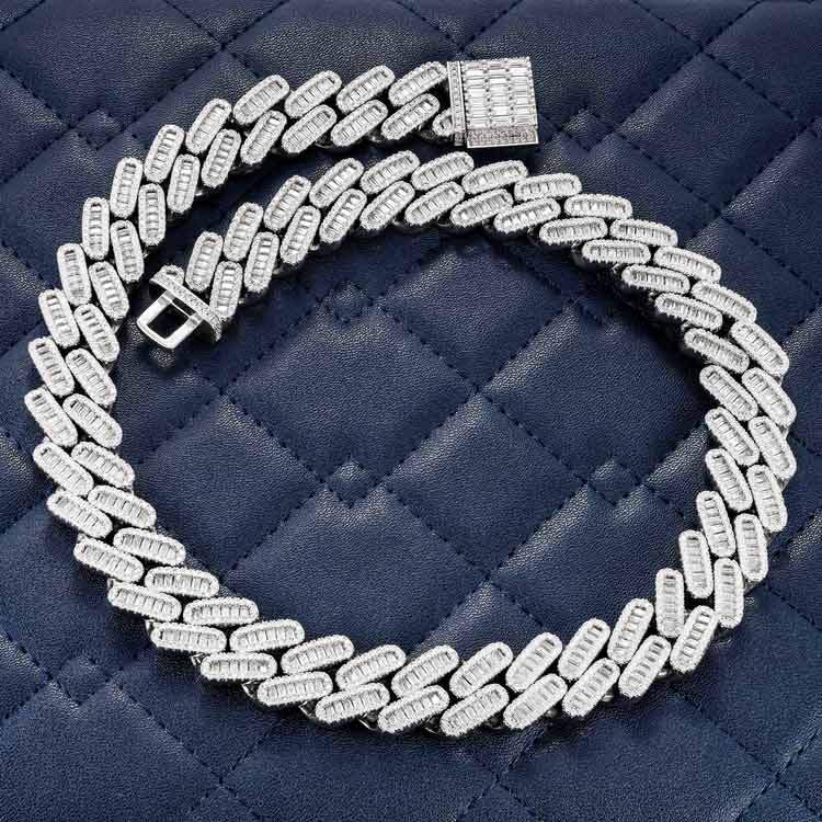 18MM 925 Silver Sparkling Miami Baguette Stone With Moissanite Cuban Link Chain For Jewelry