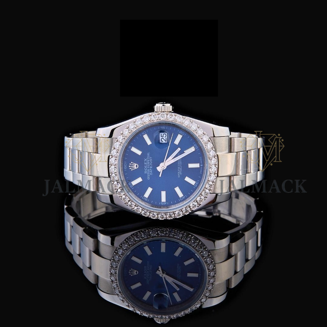 Blue Dial Baton Marker Round-Cut Moissanite Automatic Watch