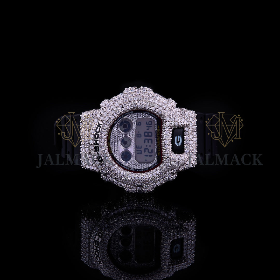 Grey LCD Digital Letter Round-Cut Moissanite Black Strap Watch