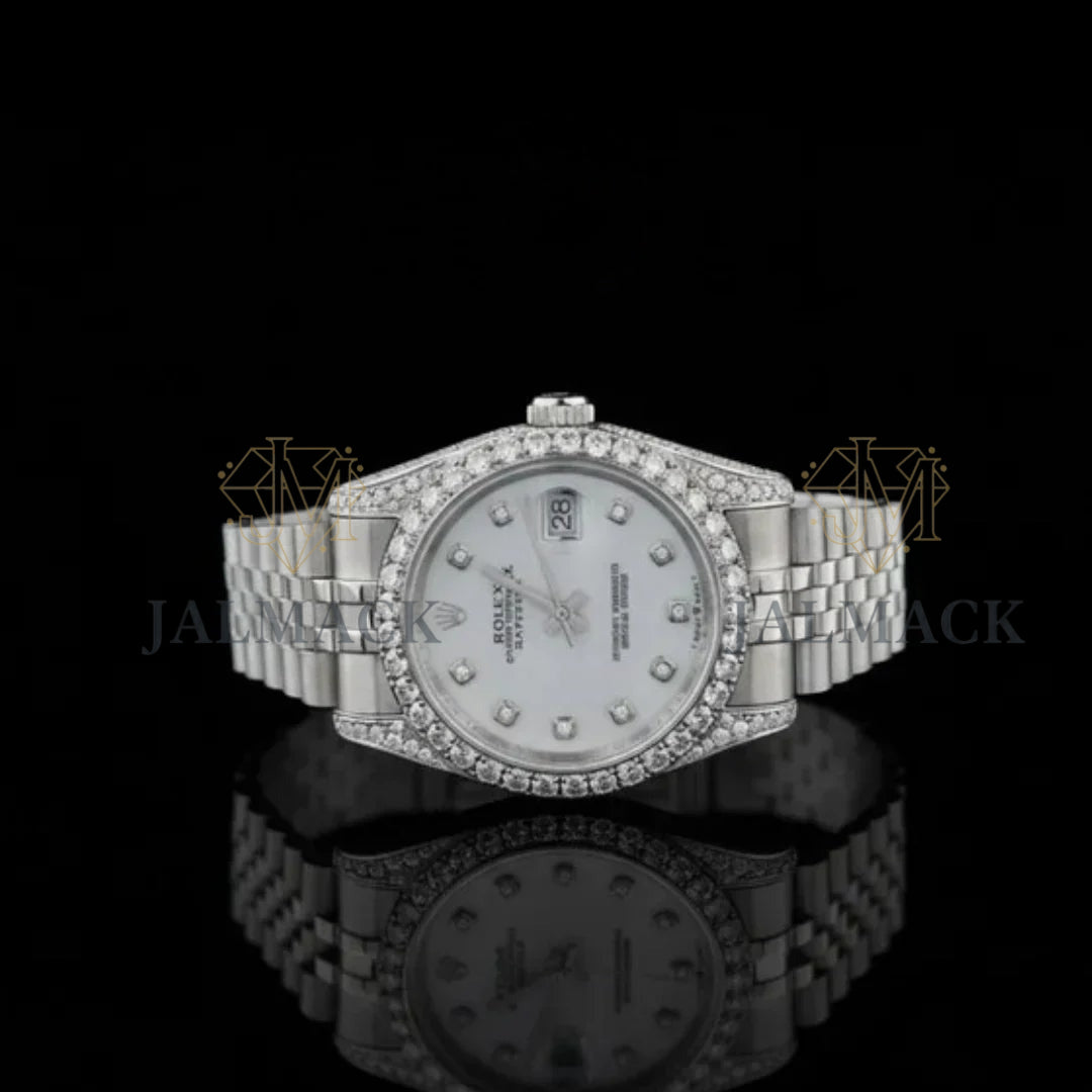 Silver Diamond Marker Round-Cut Moissanite Automatic Watch