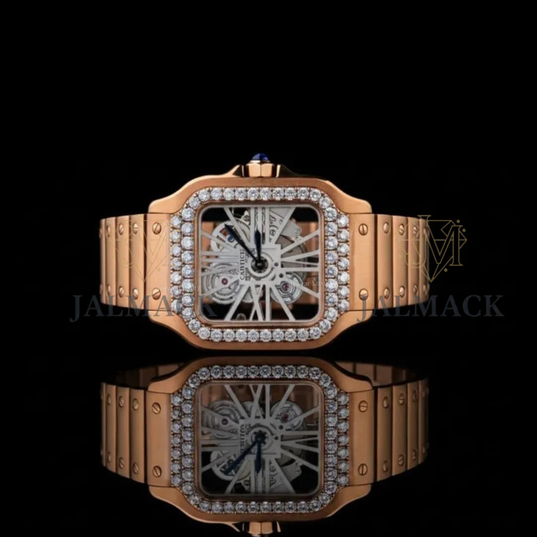 Rose Gold Skeleton Roman Round-Cut Moissanite Automatic Watch