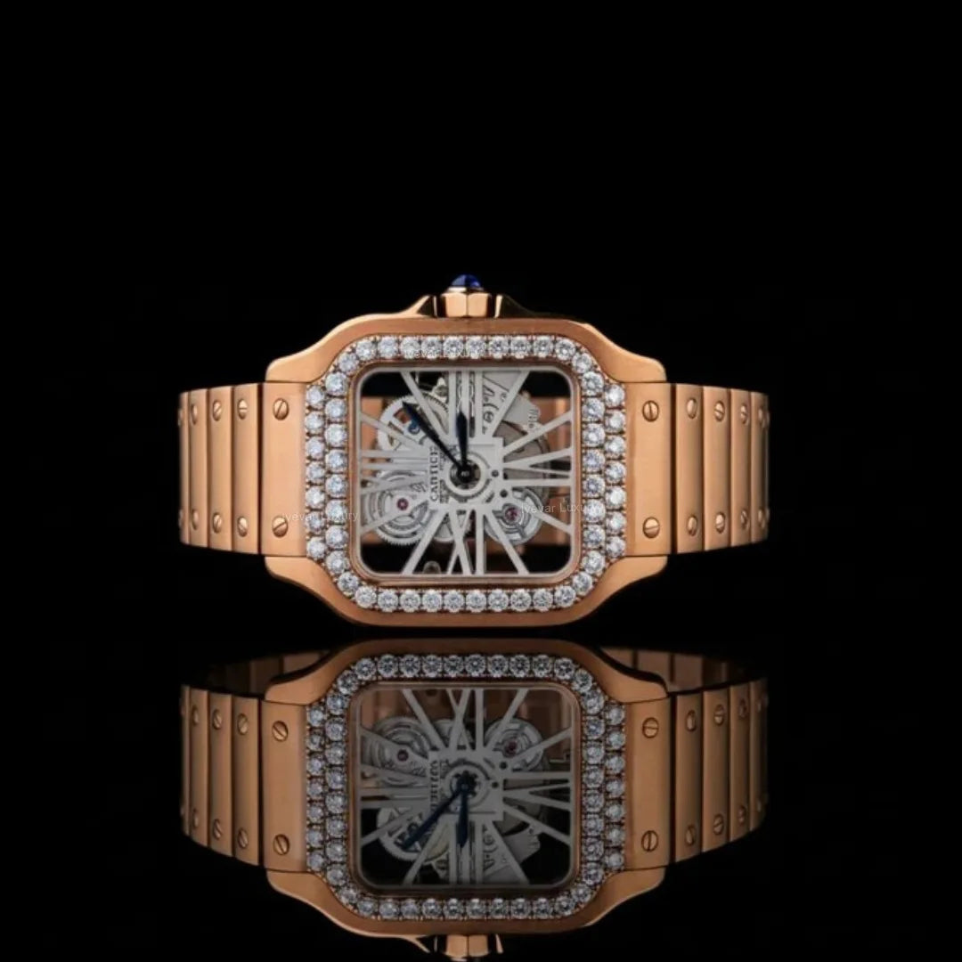 Rose Gold Skeleton Roman Round-Cut Moissanite Automatic Watch