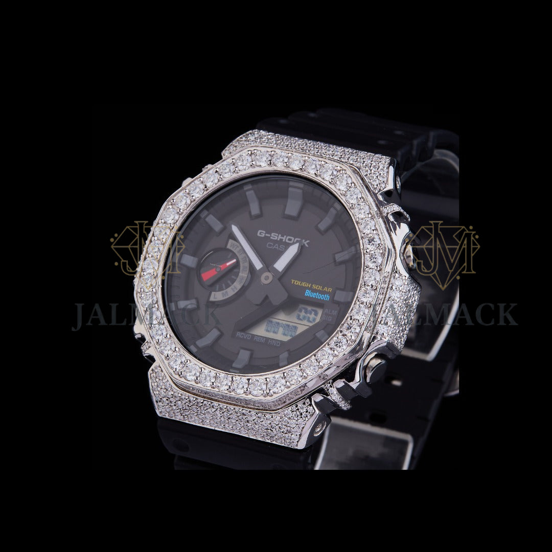 Black Dial Baton Marker Round-Cut Moissanite Analog-Digital Watch