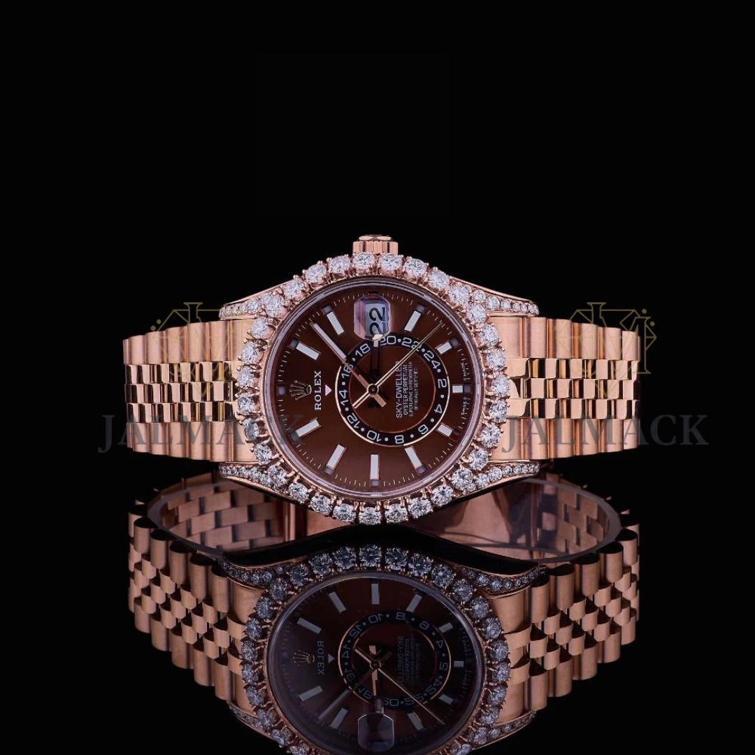 Chocolate Dial Baton Marker Round-Cut Moissanite Automatic Watch