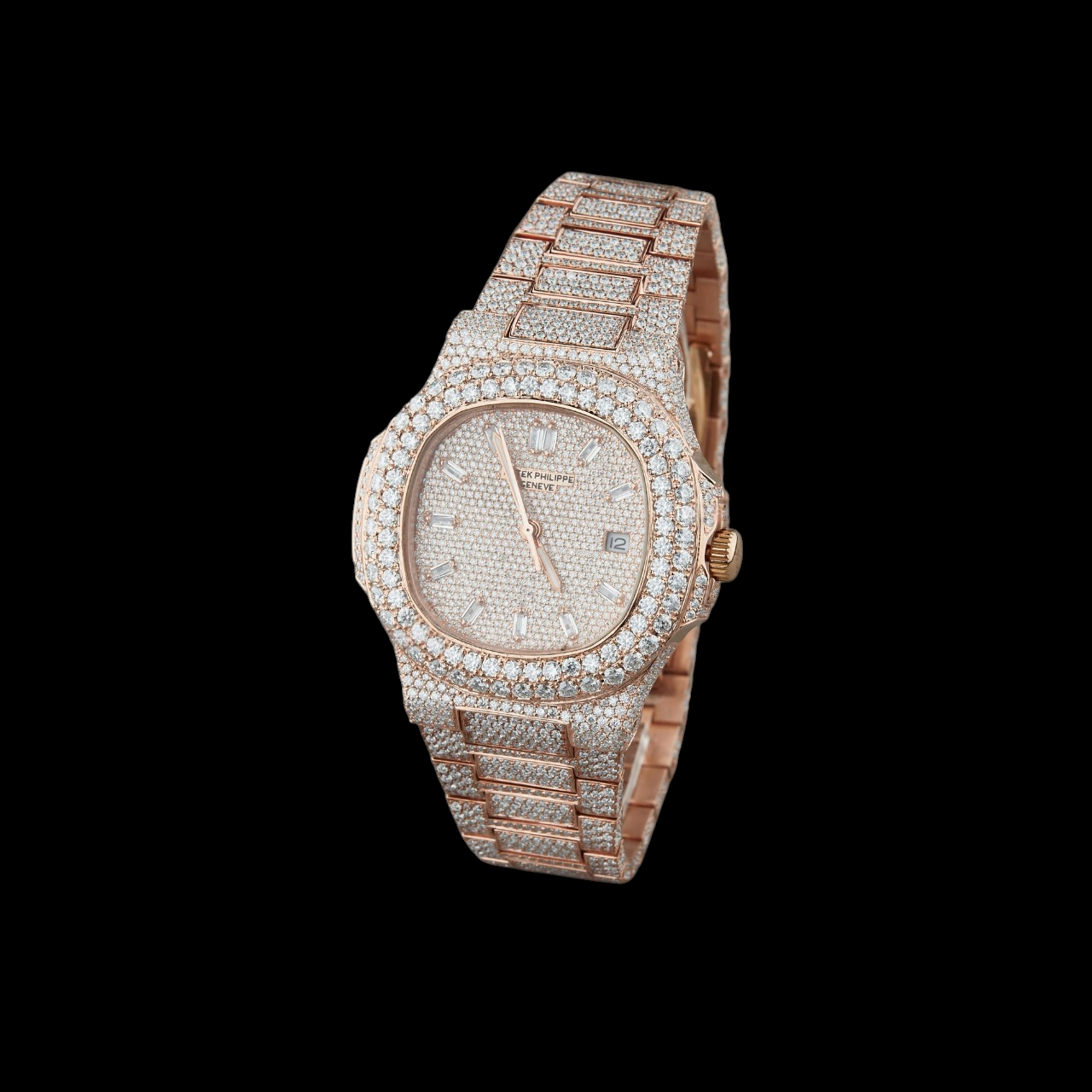 Rose Gold Dial Baguette Marker Round-Cut Moissanite Watch