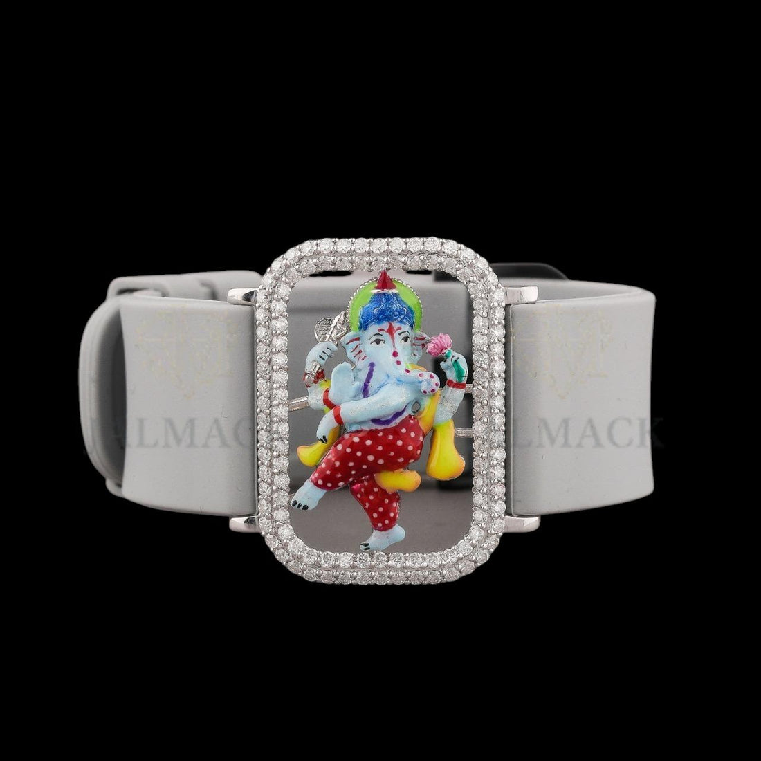 Silver Ganesha Moissanite Bracelet with White Silicone Strap Fully Iced Out