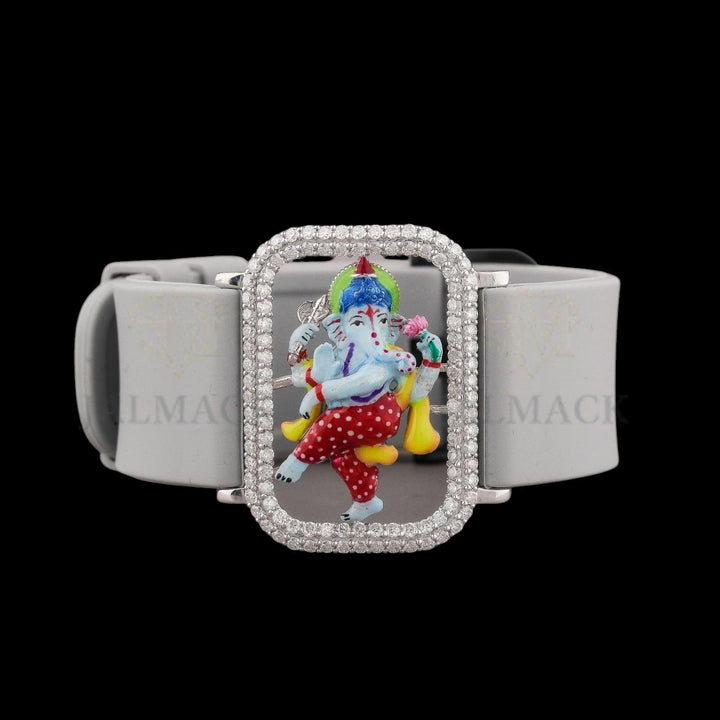 Silver Ganesha Moissanite Bracelet with White Silicone Strap Fully Iced Out