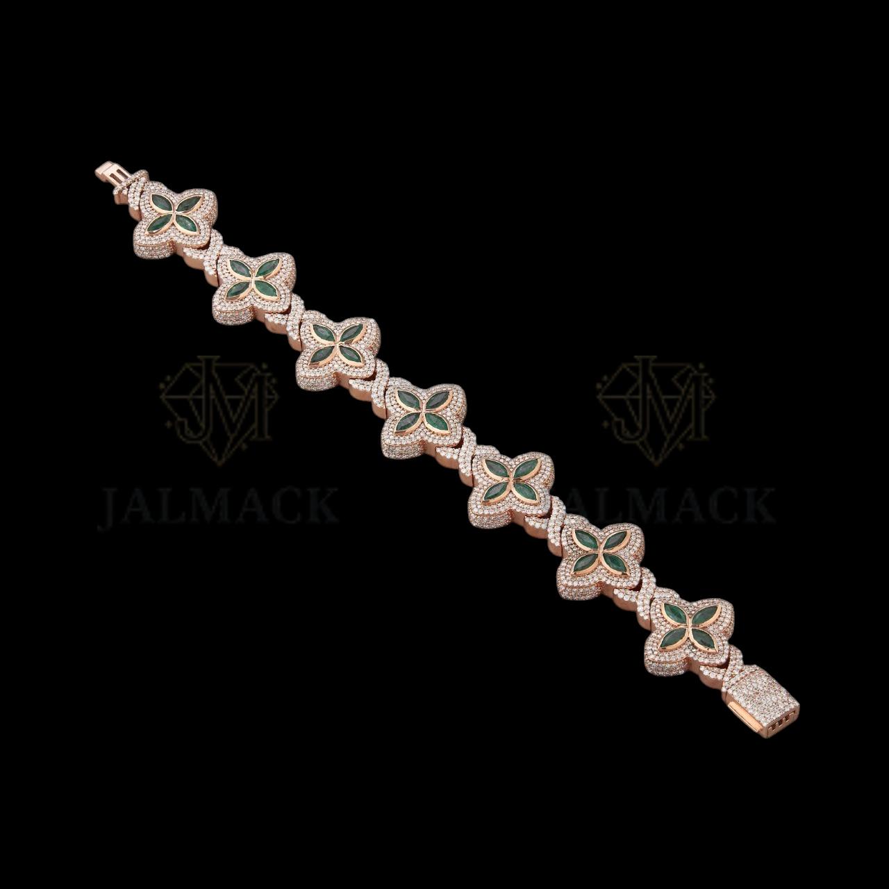 Rose Gold Green Clover Moissanite Bracelet Fully Iced Out