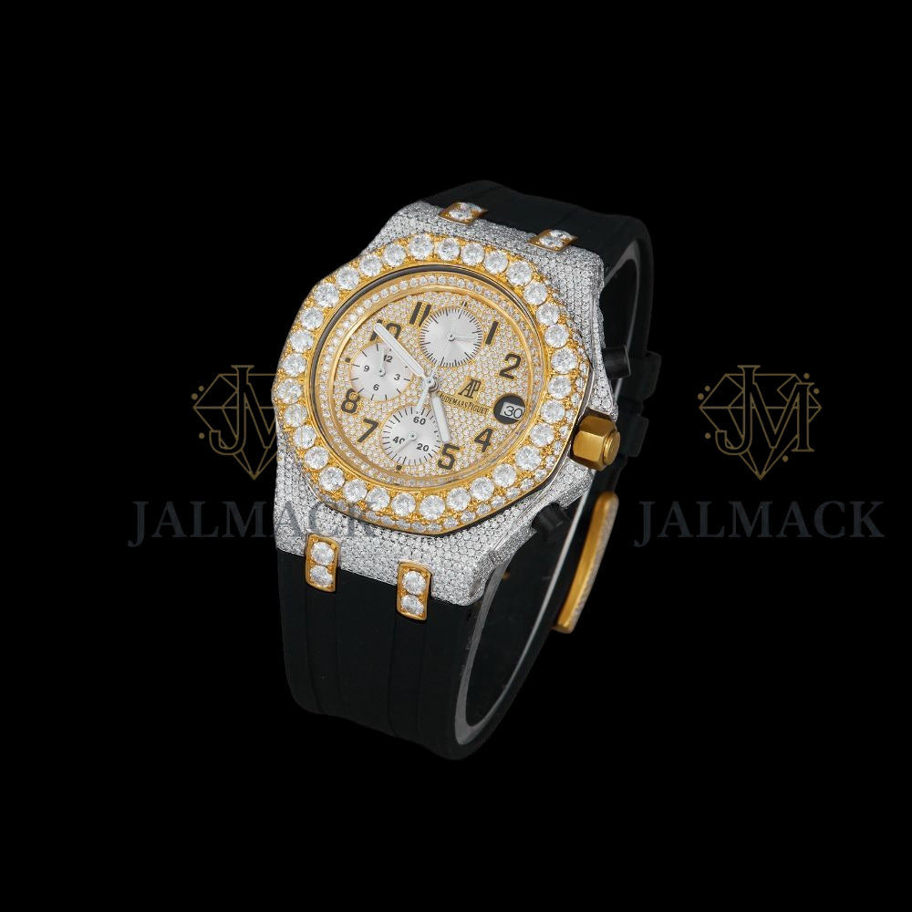 Gold Dial Arabic Numeral Round-Cut Moissanite Chronograph Watch