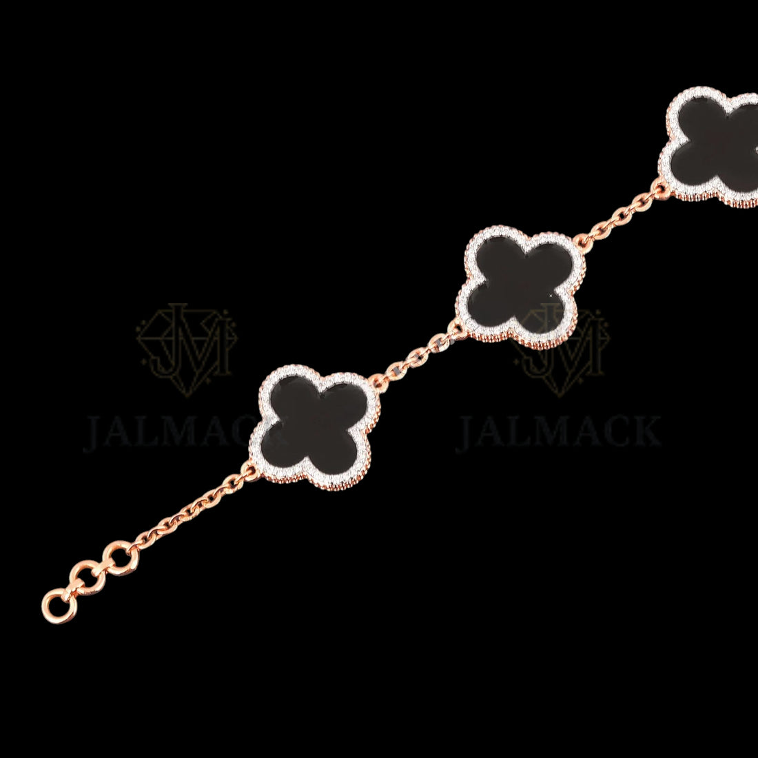 Black Onyx Clover Moissanite Bracelet Rose Gold 925 Silver