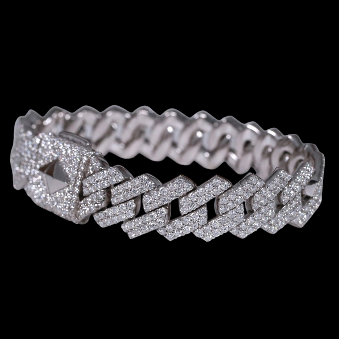 Silver Pyramid Clasp Moissanite Cuban Bracelet VVS1 Fully Iced Out