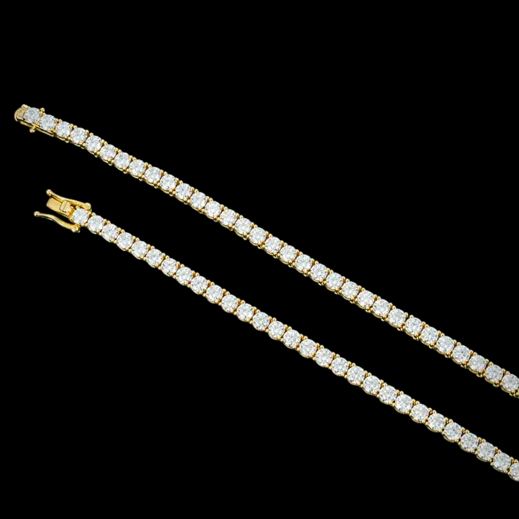 4MM Round Cut VVS Moissanite Tennis Chain Yellow Gold Plated 925 Sterling Silver