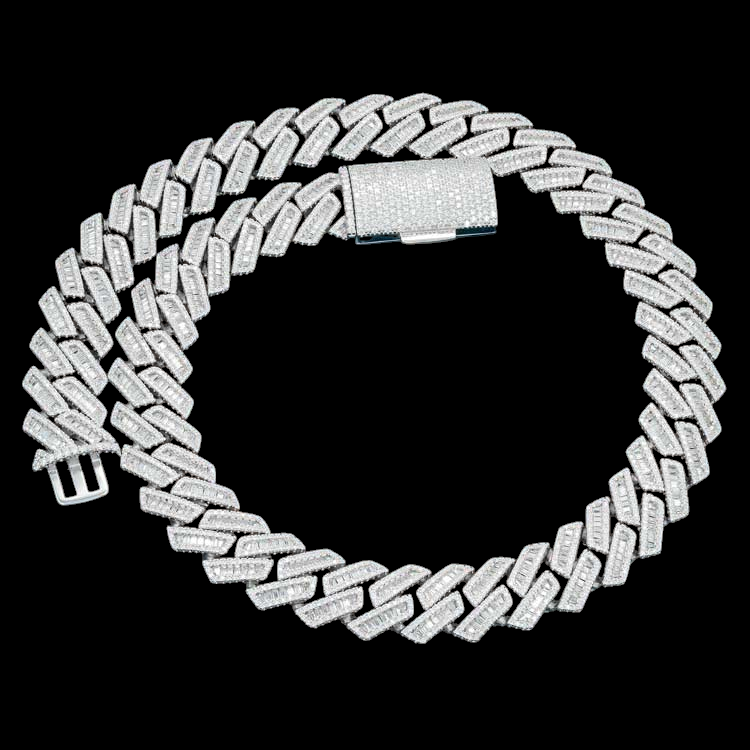 16MM Baguette Pave Cuban Link VVS1 D Color Moissanite Chain 925 Sterling Silver