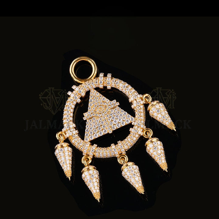 Gold Moissanite Pyramid Eye Dreamcatcher Pendant VVS1 D Color Fully Iced Out