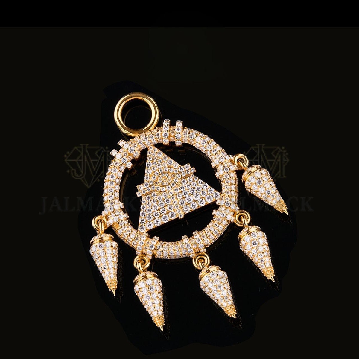 Gold Moissanite Pyramid Eye Dreamcatcher Pendant VVS1 D Color Fully Iced Out
