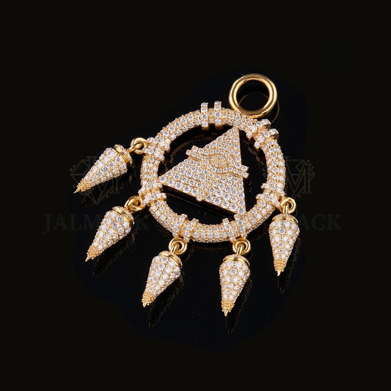 Gold Moissanite Pyramid Eye Dreamcatcher Pendant VVS1 D Color Fully Iced Out