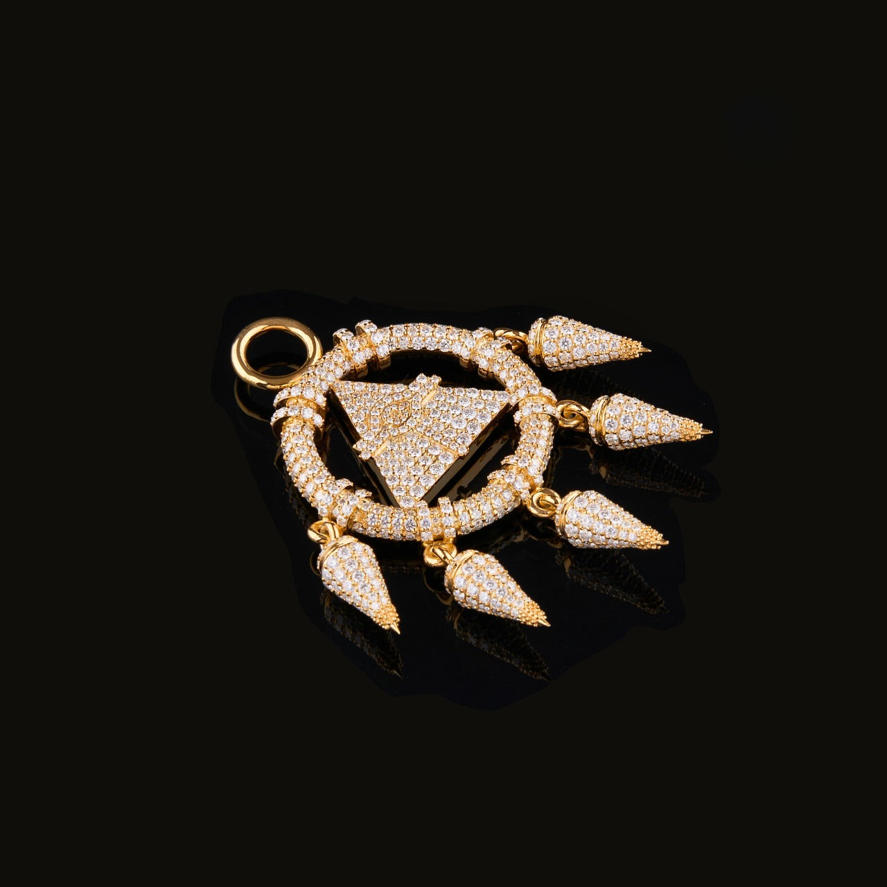 Gold Moissanite Pyramid Eye Dreamcatcher Pendant VVS1 D Color Fully Iced Out
