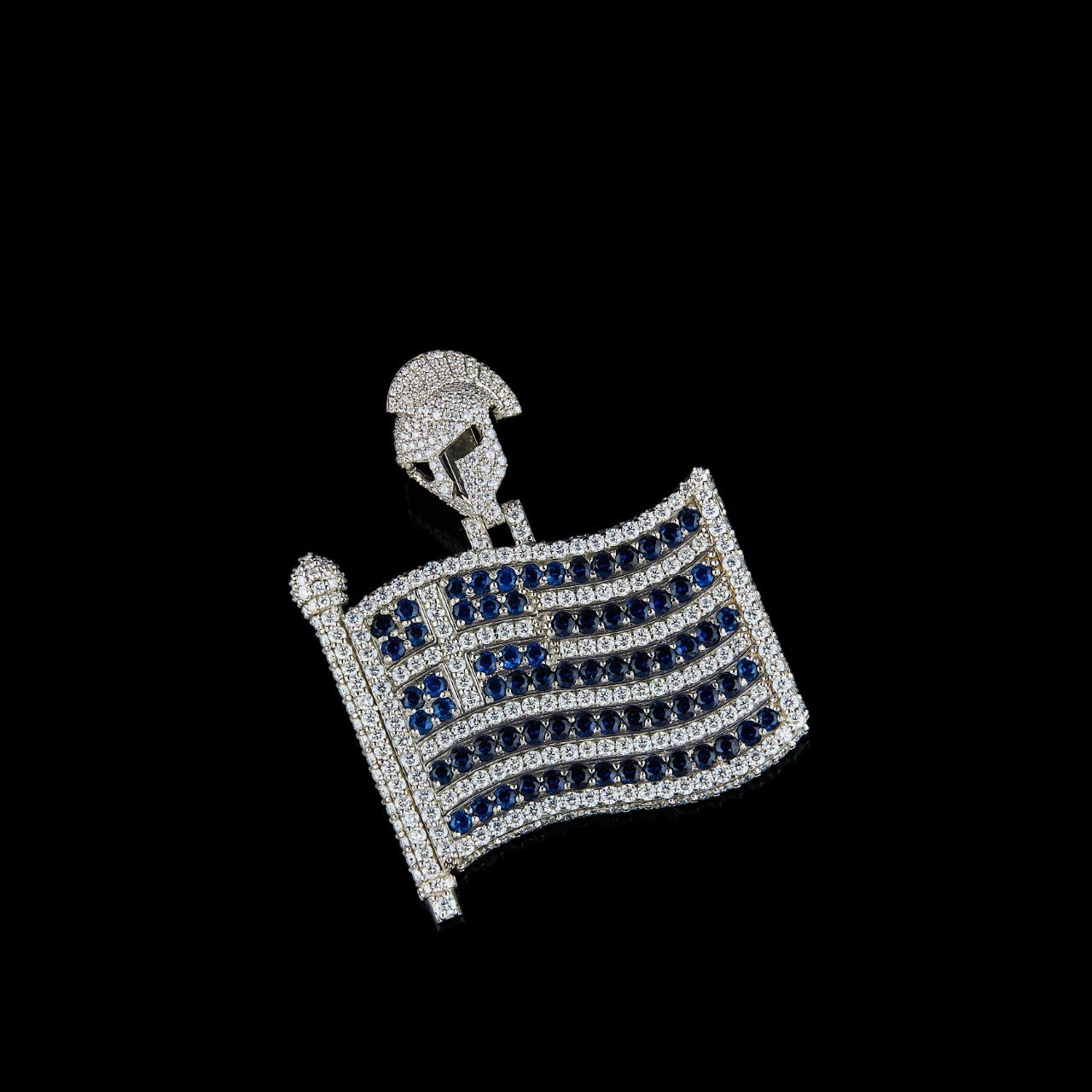 Greek Flag Spartan Helmet Moissanite Pendant Fully Iced Out