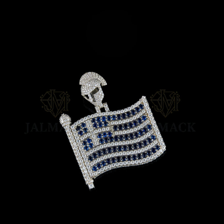 Greek Flag Spartan Helmet Moissanite Pendant Fully Iced Out