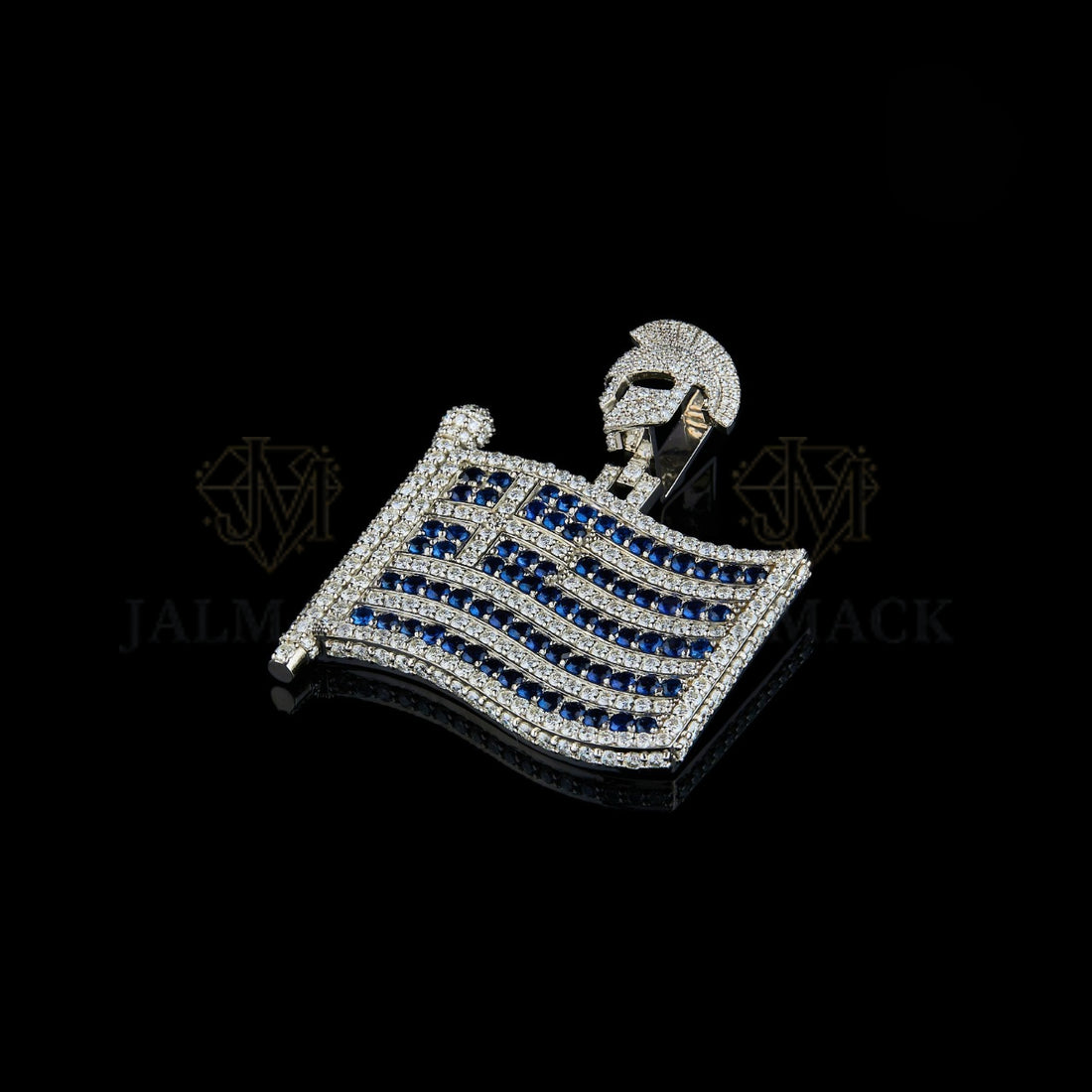 Greek Flag Spartan Helmet Moissanite Pendant Fully Iced Out