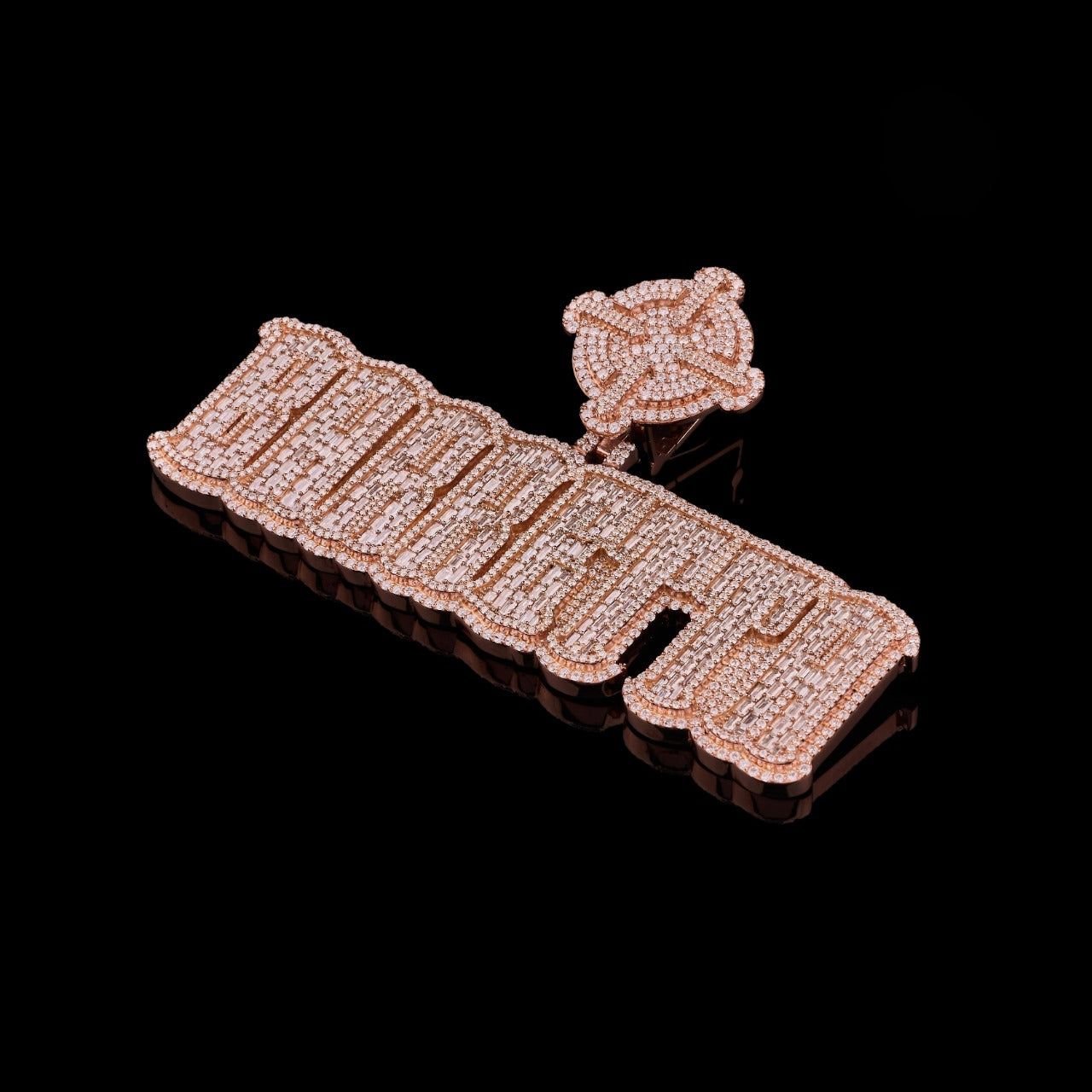 Rose Gold POWER Baguette Moissanite Pendant VVS1 D Color Fully Iced Out