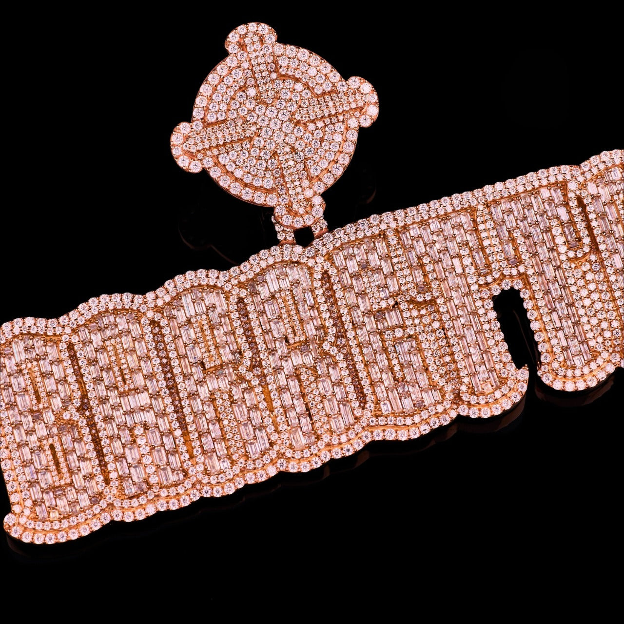 Rose Gold POWER Baguette Moissanite Pendant VVS1 D Color Fully Iced Out