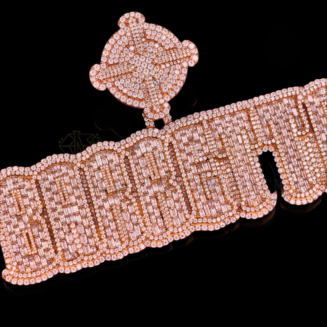 Rose Gold POWER Baguette Moissanite Pendant VVS1 D Color Fully Iced Out