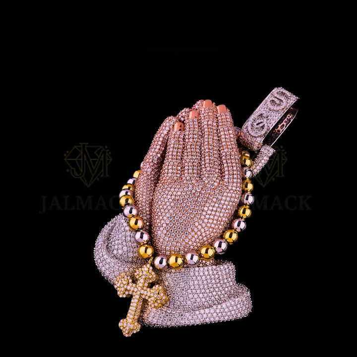 Praying Hands Rosary Cross Moissanite Pendant VVS1 D Color Fully Iced Out