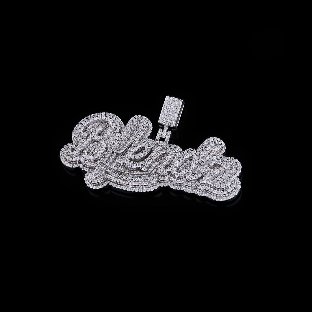 Blessed Baguette Moissanite Script Pendant VVS1 D Color Fully Iced Out