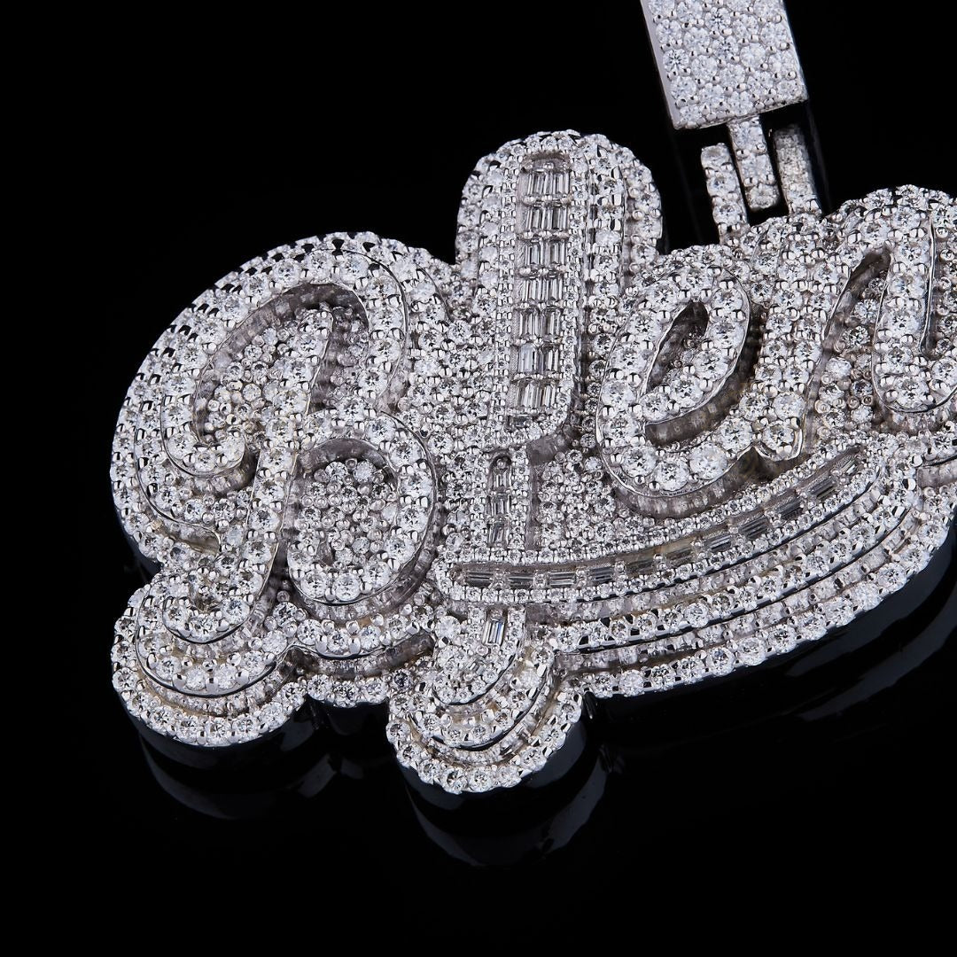 Blessed Baguette Moissanite Script Pendant VVS1 D Color Fully Iced Out