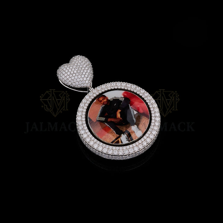 Personalized Round Photo Moissanite Pendant with Iced Heart Bail