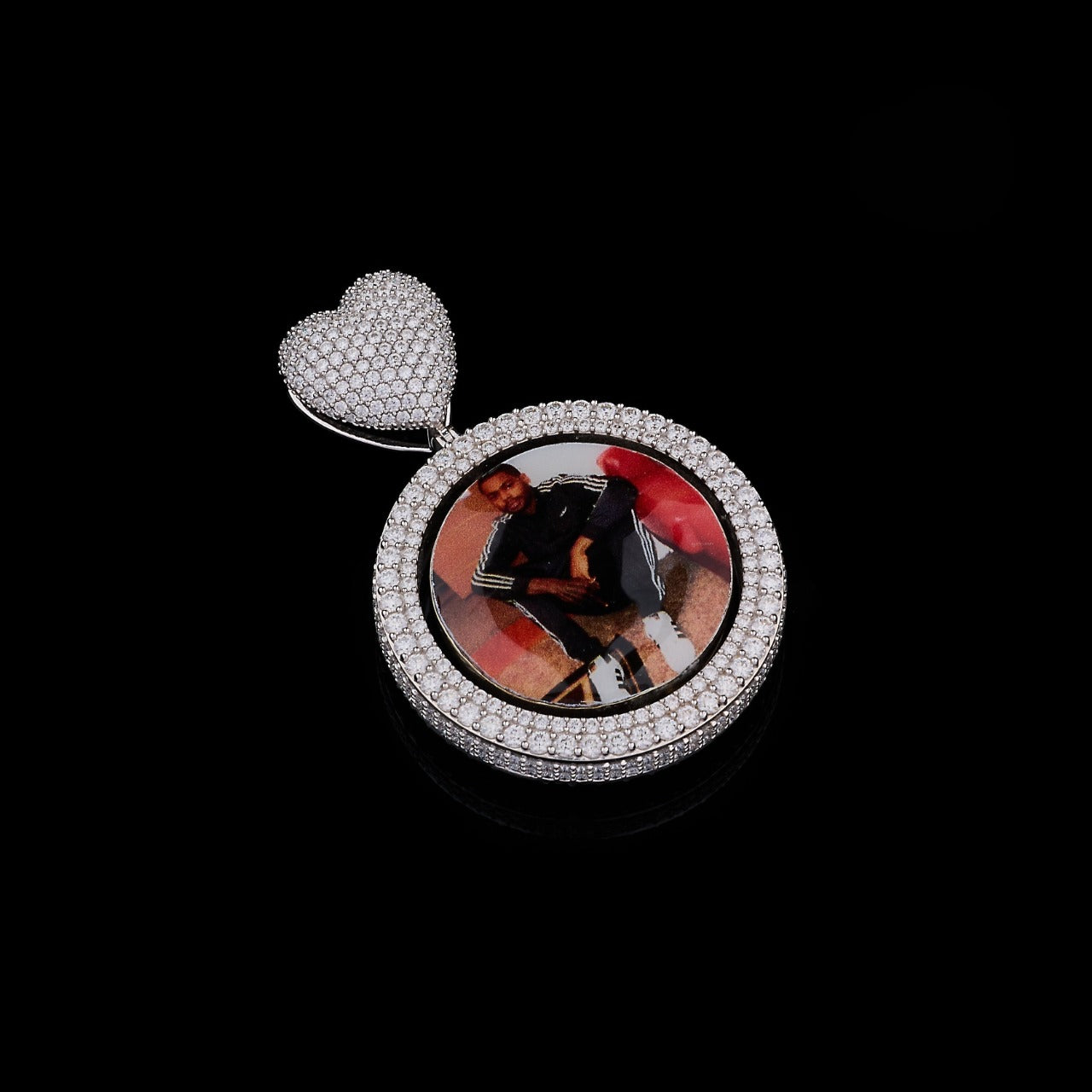 Personalized Round Photo Moissanite Pendant with Iced Heart Bail