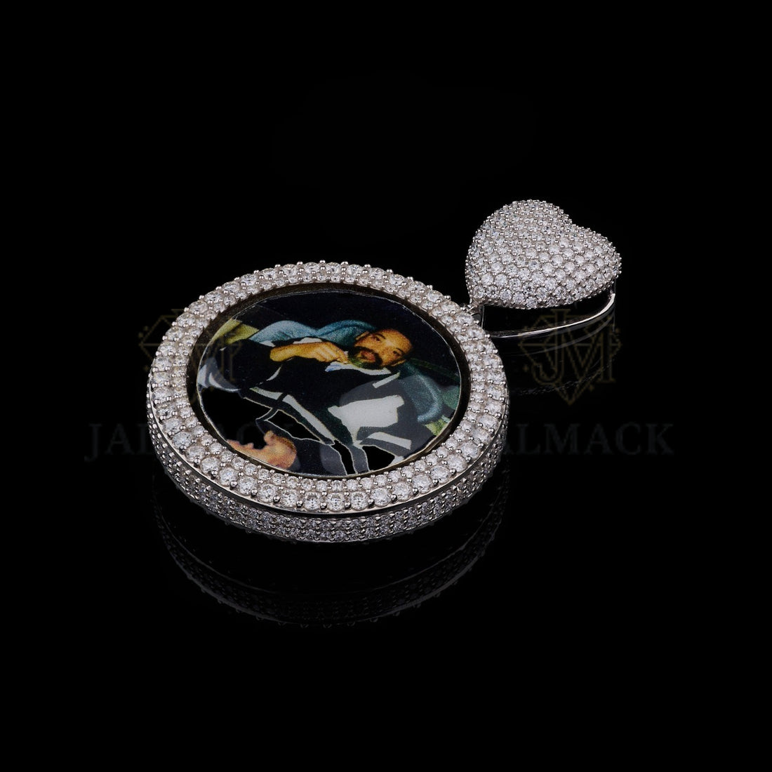 Personalized Round Photo Moissanite Pendant with Iced Heart Bail