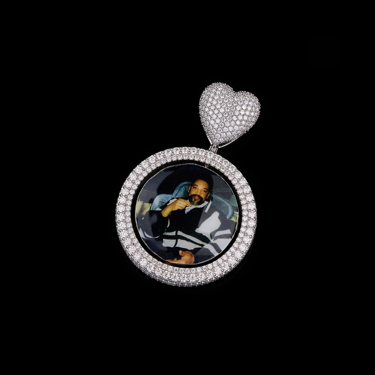 Personalized Round Photo Moissanite Pendant with Iced Heart Bail