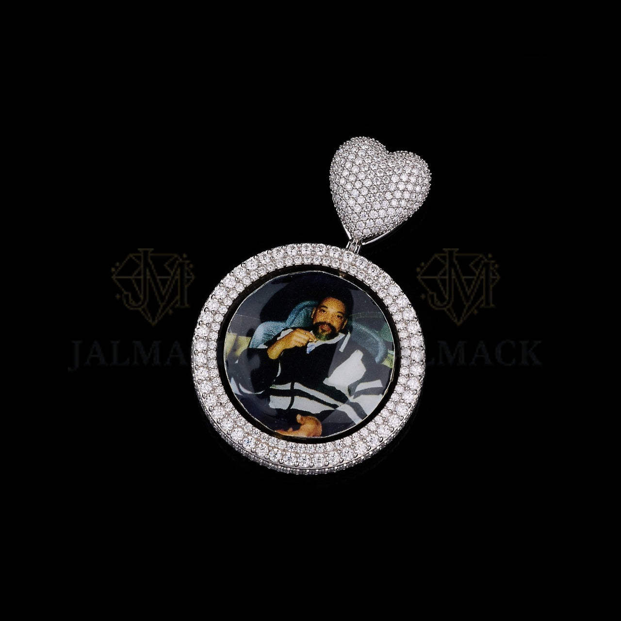 Personalized Round Photo Moissanite Pendant with Iced Heart Bail