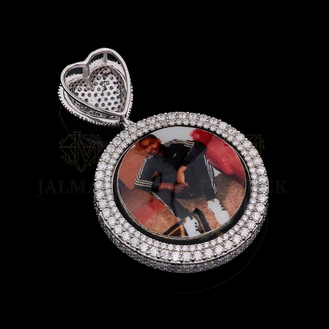Personalized Round Photo Moissanite Pendant with Iced Heart Bail