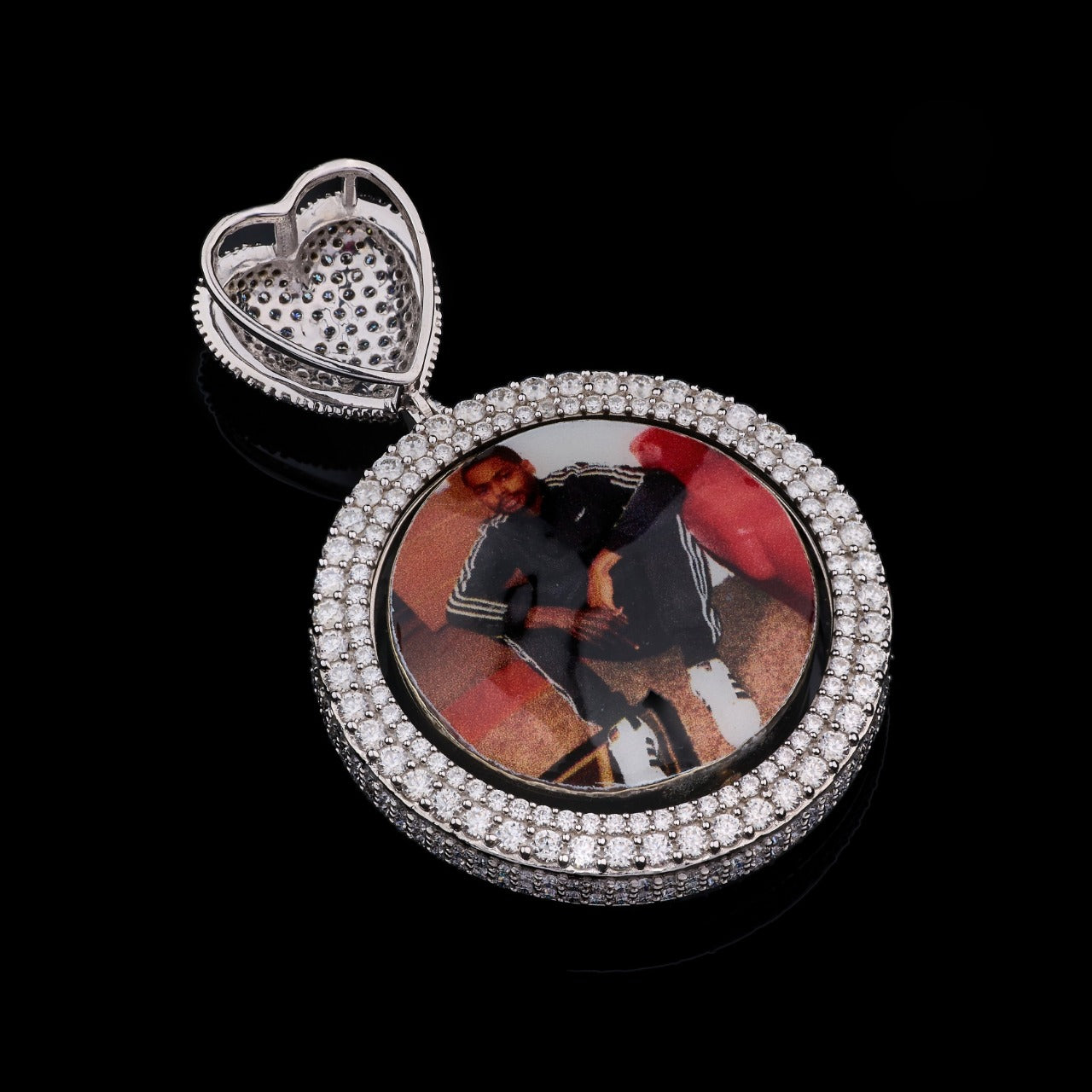 Personalized Round Photo Moissanite Pendant with Iced Heart Bail