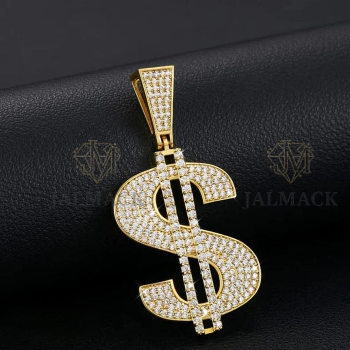 Gold Dollar Sign Moissanite Pendant VVS1 D Color Fully Iced Out