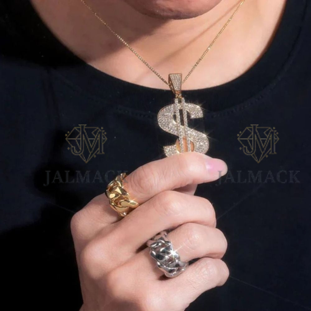 Gold Dollar Sign Moissanite Pendant VVS1 D Color Fully Iced Out